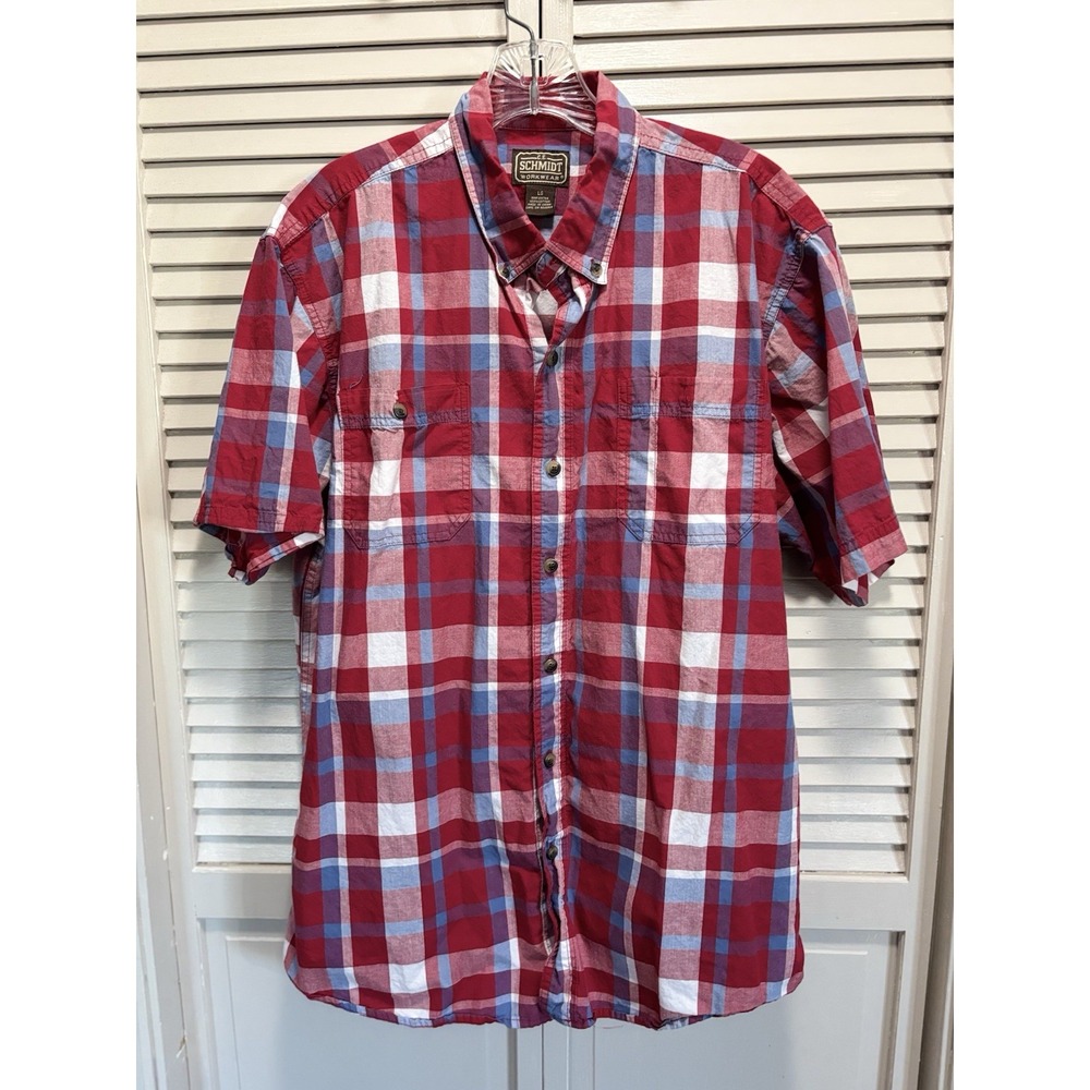 C.E. Schmidt‎ Workwear Red/Blue Button Down Collared Shirt Size Large Pocket